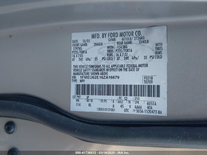 2006 FORD EXPLORER VIN: 1FMEU62E16ZA16679