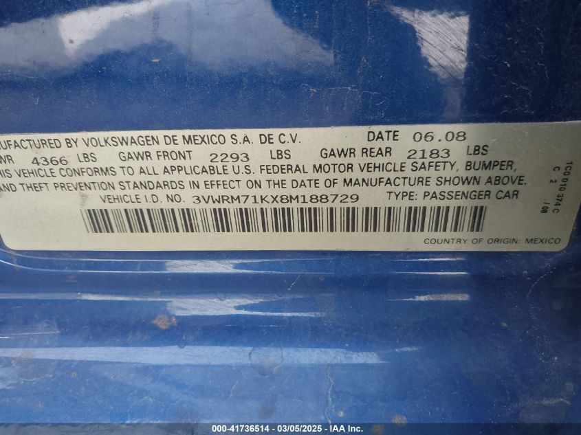 2008 Volkswagen Jetta Se/Sel VIN: 3VWRM71KX8M188729 Lot: 41736514