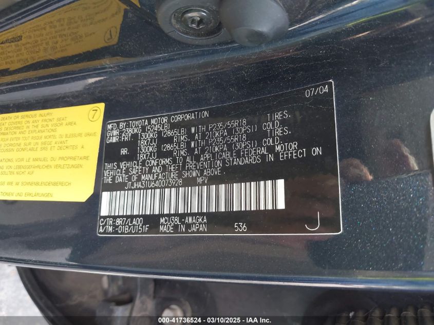 2004 Lexus Rx 330 VIN: JTJHA31U640073928 Lot: 41736524