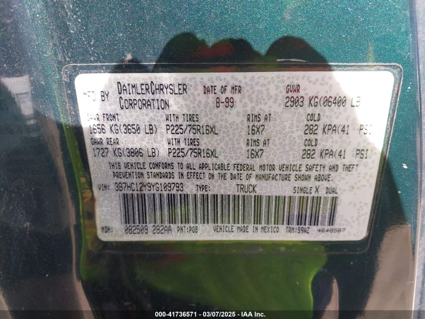 2000 Dodge Ram 1500 St VIN: 3B7HC12Y9YG109793 Lot: 41736571