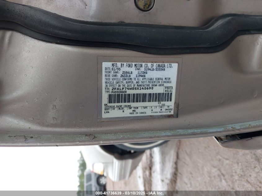 1995 Ford Crown Victoria Lx VIN: 2FALP74W0SX140690 Lot: 41736639