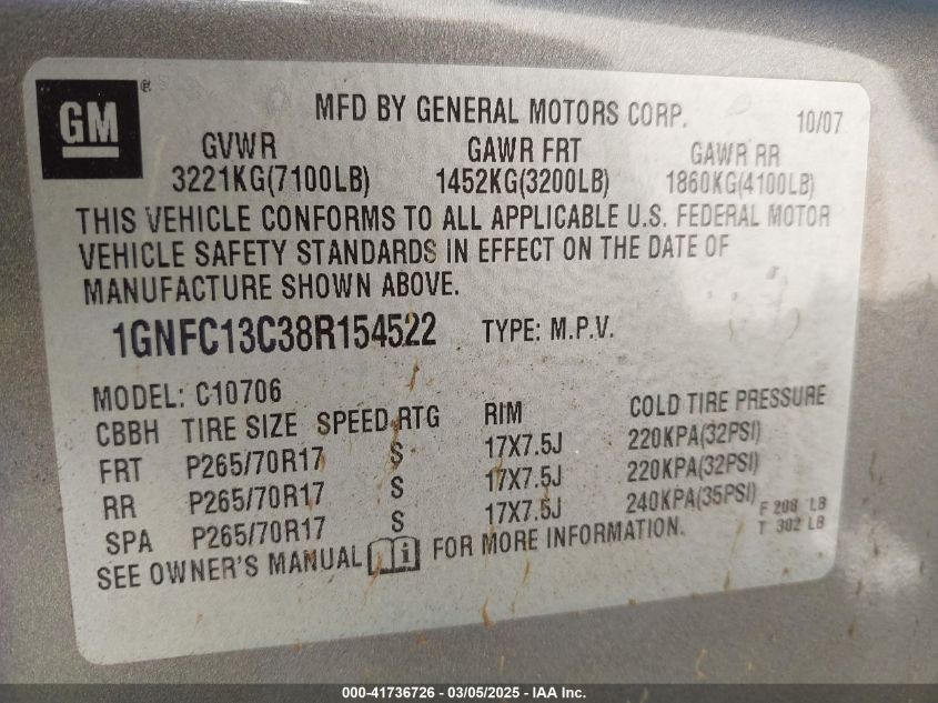 2008 Chevrolet Tahoe Ls VIN: 1GNFC13C38R154522 Lot: 41736726