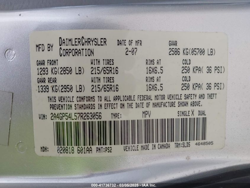 2007 Chrysler Town & Country Touring VIN: 2A4GP54L57R263056 Lot: 41736732