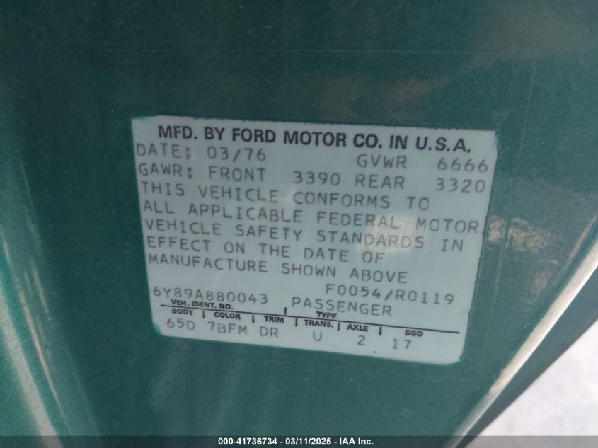 1976 Lincoln Continental VIN: 6Y89A880043 Lot: 41736734