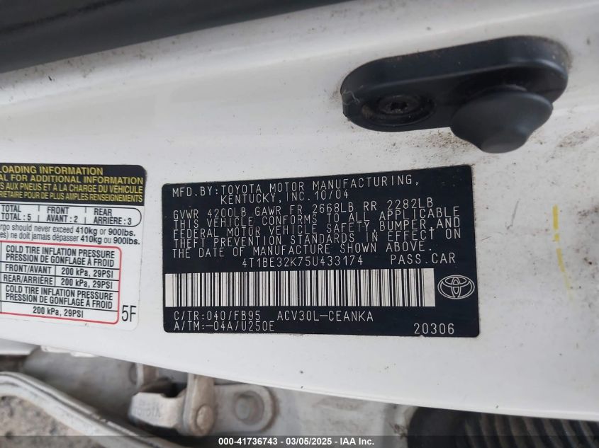 2005 Toyota Camry Le VIN: 4T1BE32K75U433174 Lot: 41736743