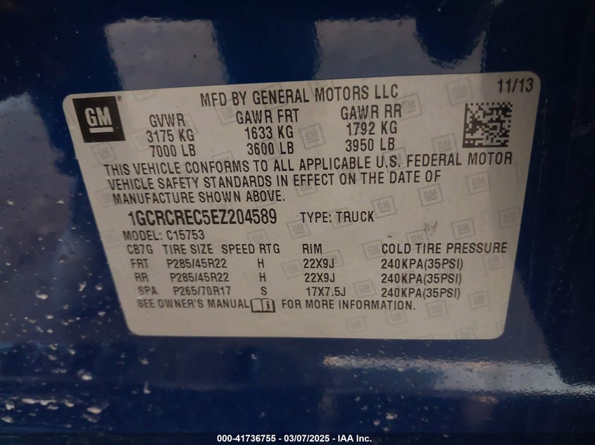 2014 CHEVROLET SILVERADO 1500 VIN: 1GCRCREC5EZ204589