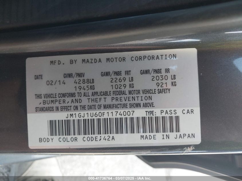 2015 Mazda Mazda6 I Sport VIN: JM1GJ1U60F1174007 Lot: 41736764