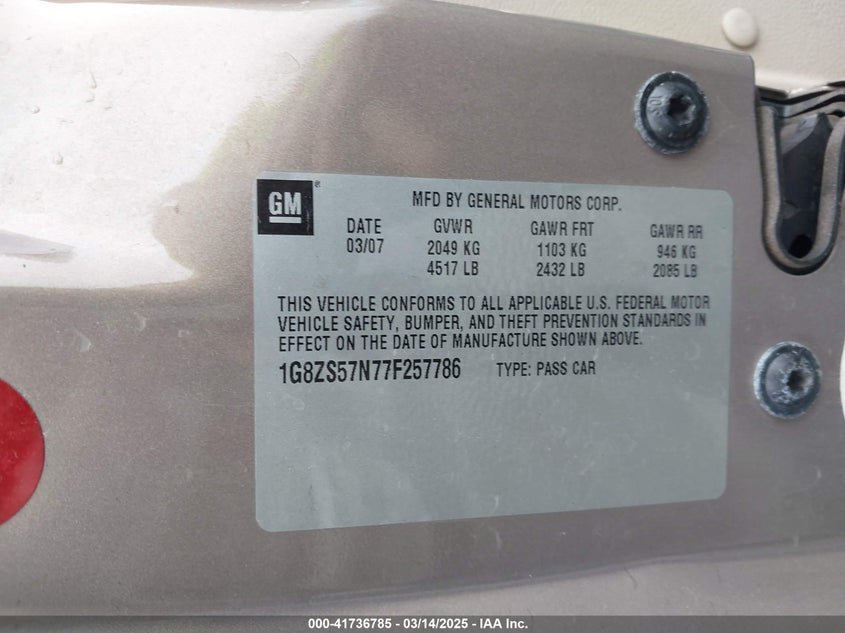 2007 SATURN AURA VIN: 1G8ZS57N77F257786
