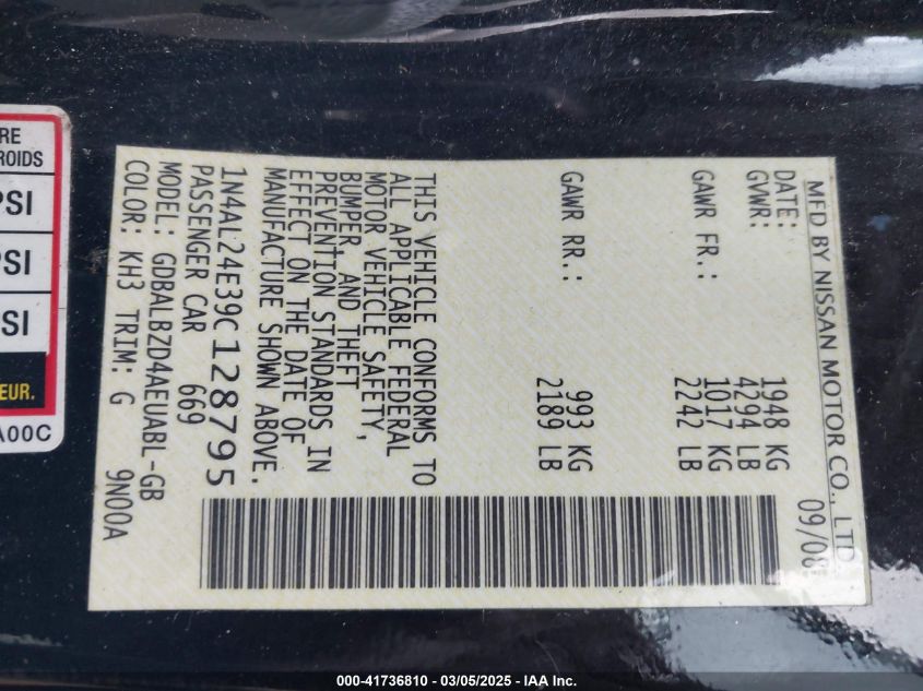 2009 Nissan Altima 2.5 S VIN: 1N4AL24E39C128795 Lot: 41736810