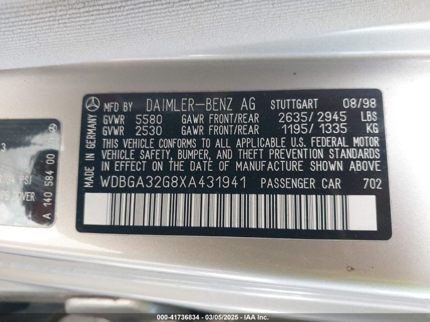 1999 Mercedes-Benz S 320 VIN: WDBGA32G8XA431941 Lot: 41736834