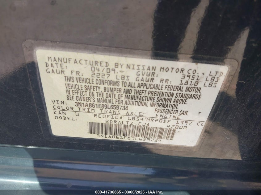 2009 NISSAN SENTRA VIN: 3N1AB61E89L659734