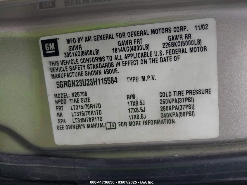 2003 Hummer H2 VIN: 5GRGN23U23H115584 Lot: 41736890