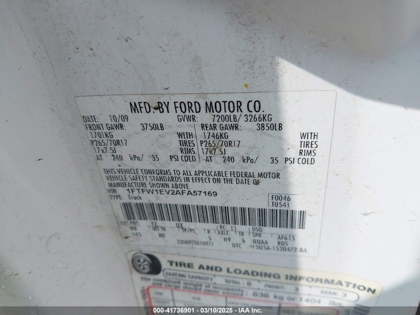 2010 FORD F-150 VIN: 1FTFW1EV2AFA57169