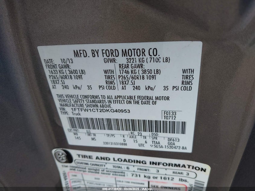 2013 FORD F150 VIN: 1FTFW1CT2DKG40953