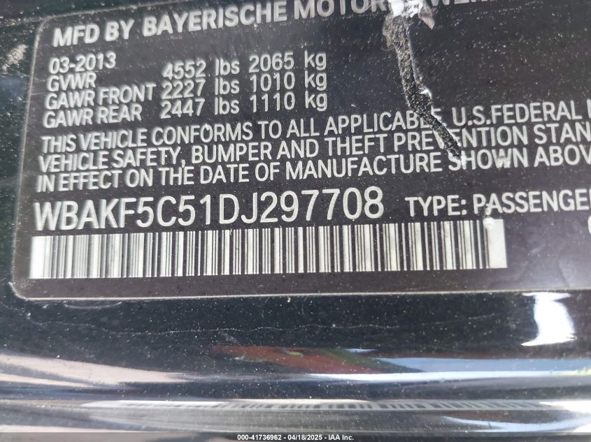 2013 BMW 328I xDrive VIN: WBAKF5C51DJ297708 Lot: 41736962