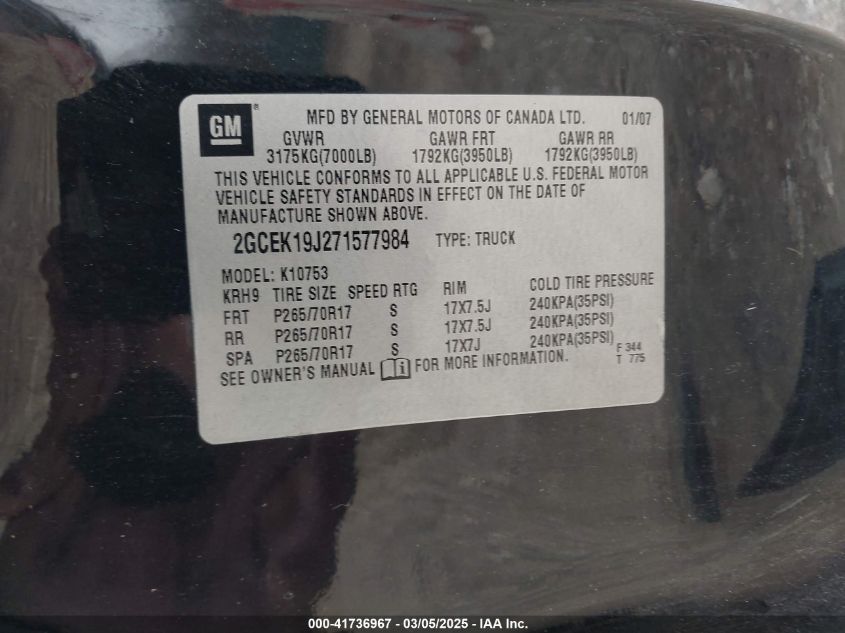 2007 Chevrolet Silverado 1500 Lt2 VIN: 2GCEK19J271577984 Lot: 41736967