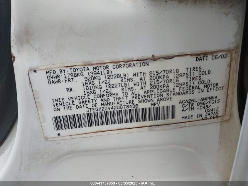 2002 Toyota Rav4 VIN: JTEGH20V420078438 Lot: 41737059