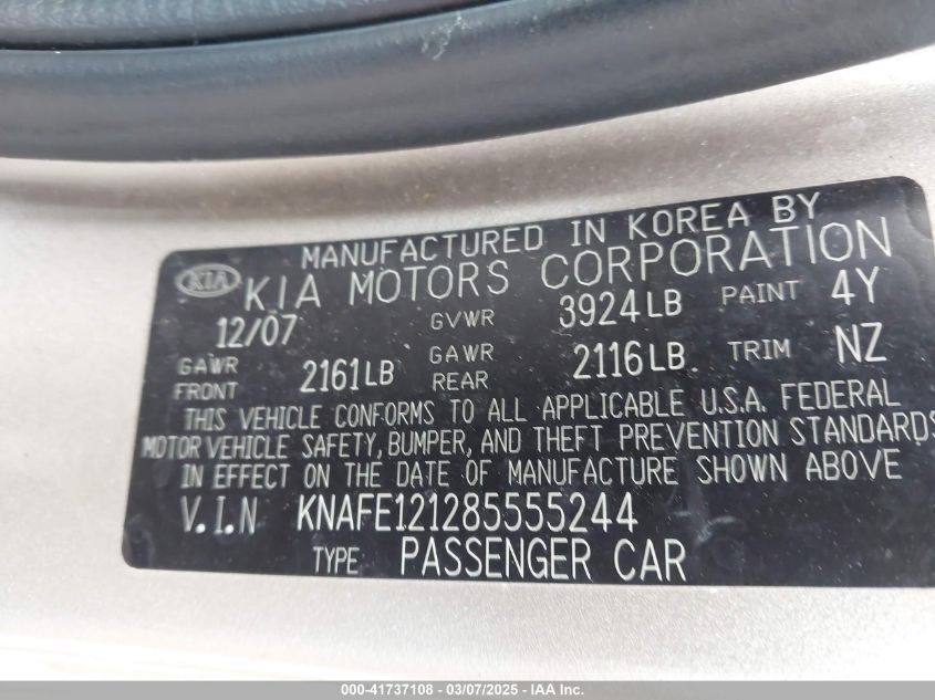 2008 Kia Spectra Ex VIN: KNAFE121285555244 Lot: 41737108