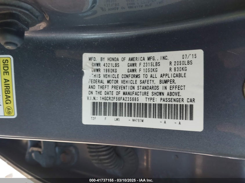 2015 HONDA ACCORD VIN: 1HGCR2F56FA235685
