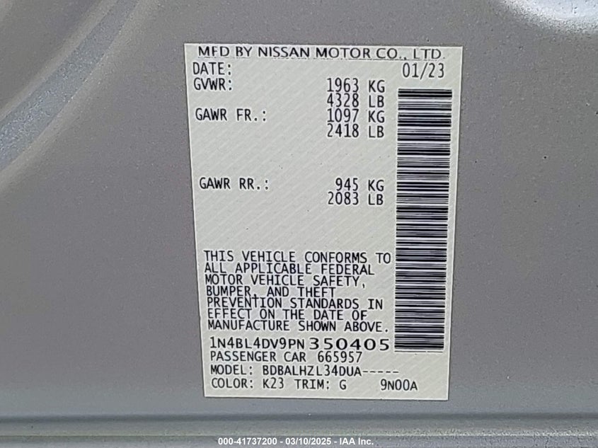 2023 NISSAN ALTIMA VIN: 1N4BL4DV9PN350405