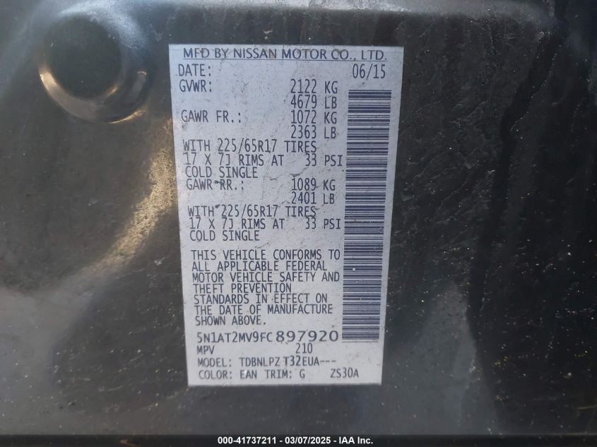 2015 Nissan Rogue S VIN: 5N1AT2MV9FC897920 Lot: 41737211