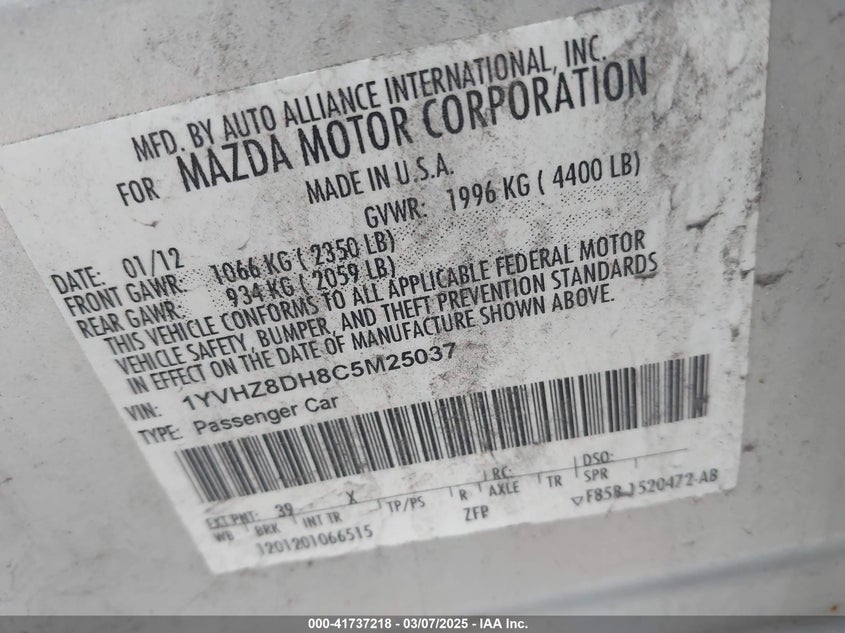 2012 MAZDA MAZDA6 VIN: 1YVHZ8DH8C5M25037
