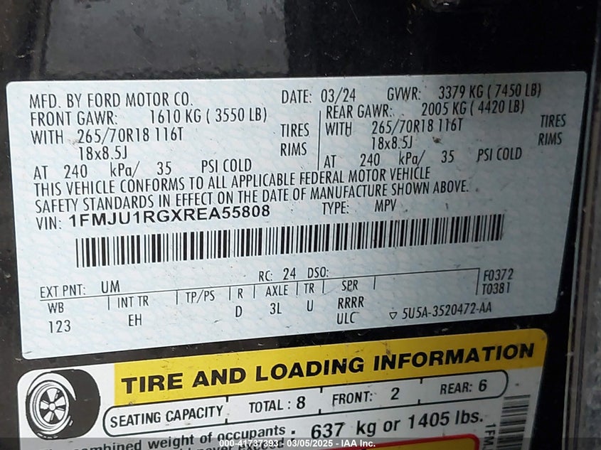 2024 Ford Expedition Timberline VIN: 1FMJU1RGXREA55808 Lot: 41737393