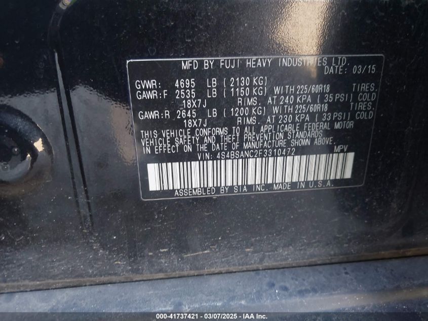 2015 Subaru Outback 2.5I Limited VIN: 4S4BSANC2F3310372 Lot: 41737421