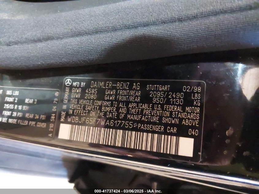 1998 Mercedes-Benz E 320 VIN: WDBJF65F7WA617755 Lot: 41737424