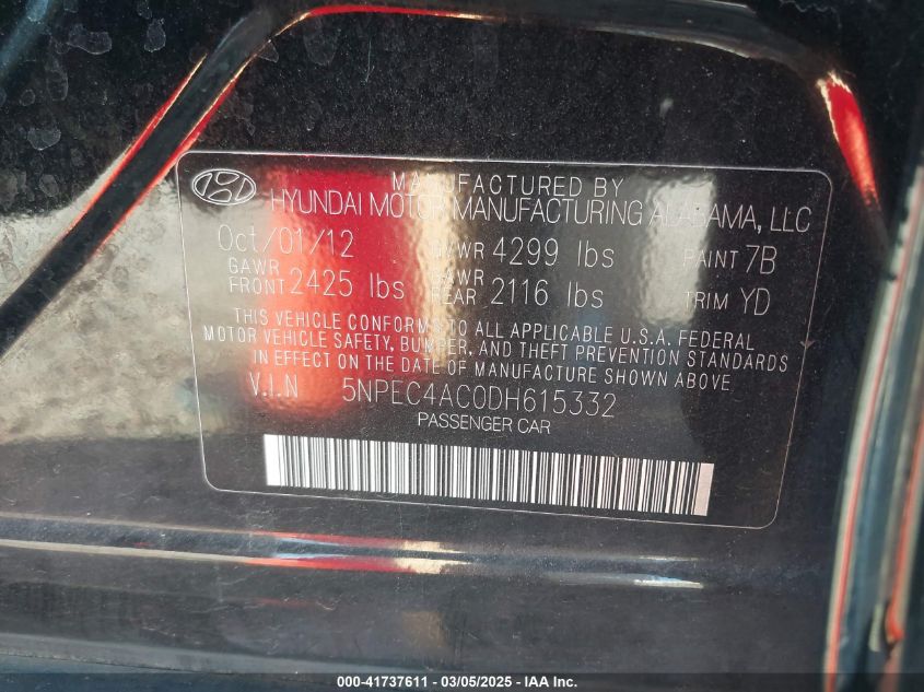 2013 Hyundai Sonata Limited VIN: 5NPEC4AC0DH615332 Lot: 41737611