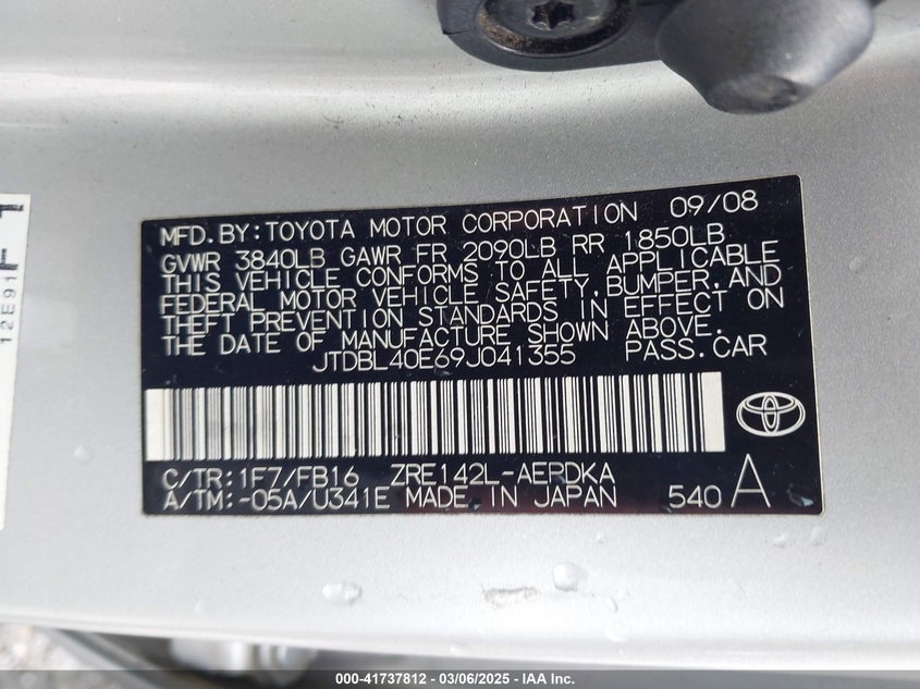 2009 TOYOTA COROLLA VIN: JTDBL40E69J041355