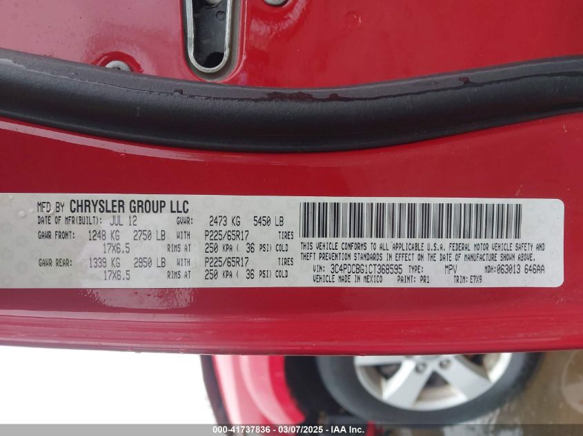 2012 Dodge Journey Sxt VIN: 3C4PDCBG1CT368595 Lot: 41737836