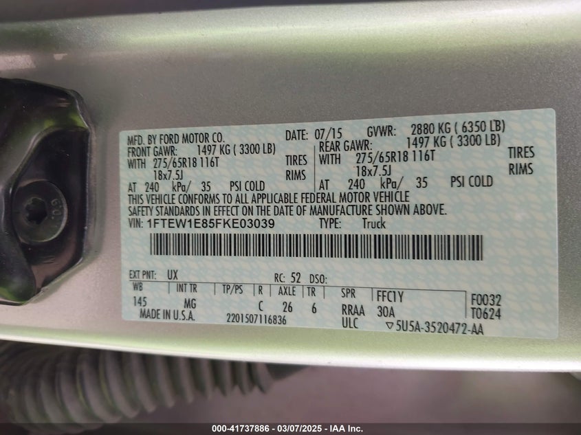 2015 Ford F-150 Xlt VIN: 1FTEW1E85FKE03039 Lot: 41737886