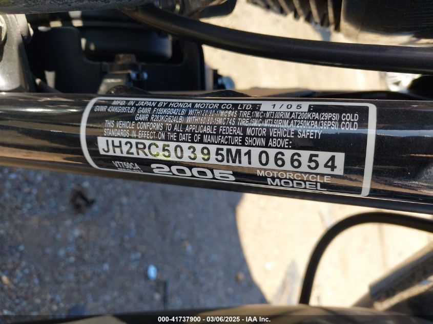 2005 Honda Vt750 Ca VIN: JH2RC50395M106654 Lot: 41737900