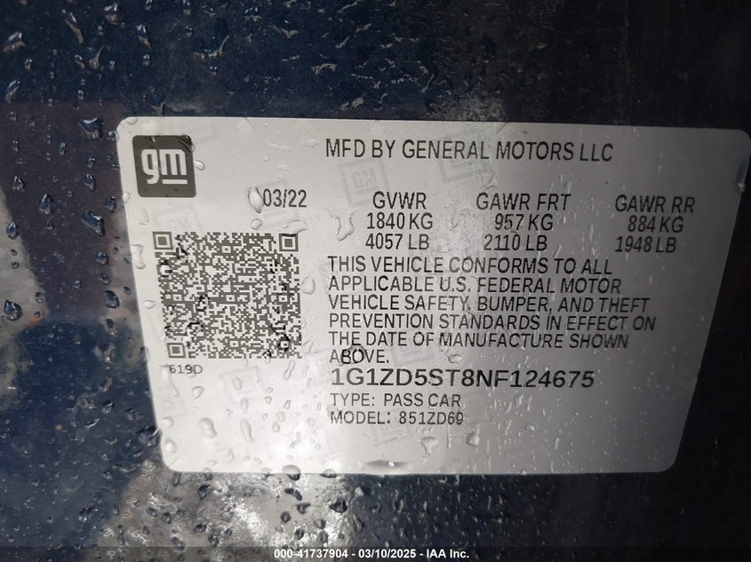 2022 CHEVROLET MALIBU VIN: 1G1ZD5ST8NF124675
