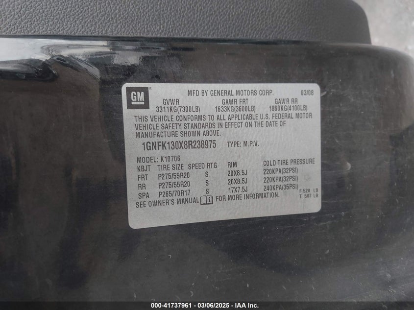 2008 CHEVROLET TAHOE VIN: 1GNFK130X8R238975