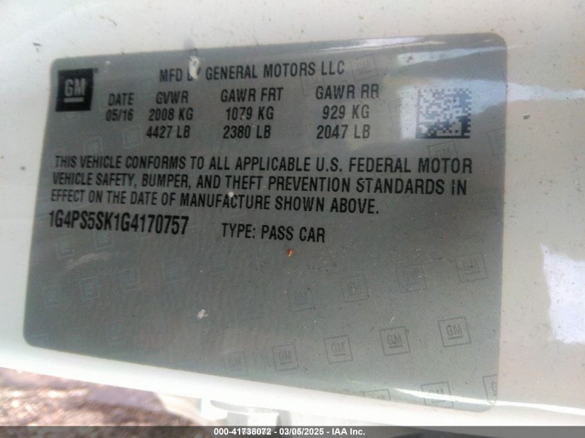 2016 Buick Verano Leather Group VIN: 1G4PS5SK1G4170757 Lot: 41738072