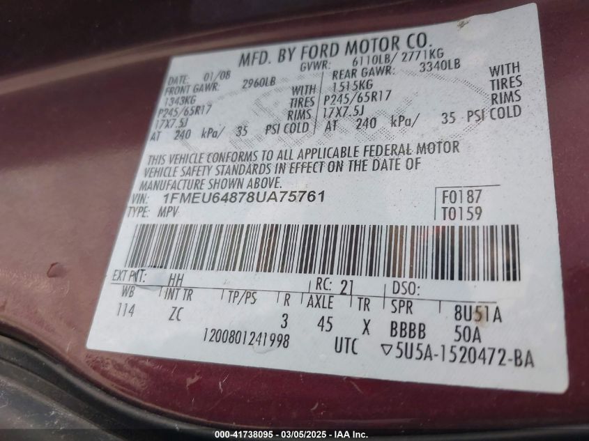 2008 Ford Explorer Eddie Bauer VIN: 1FMEU64878UA75761 Lot: 41738095