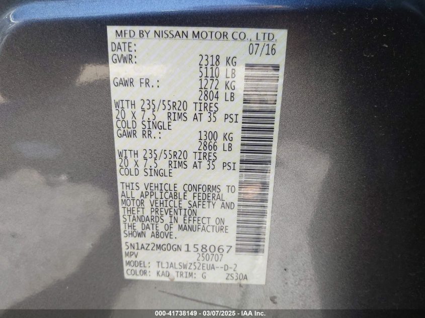 2016 Nissan Murano Platinum VIN: 5N1AZ2MG0GN158067 Lot: 41738149