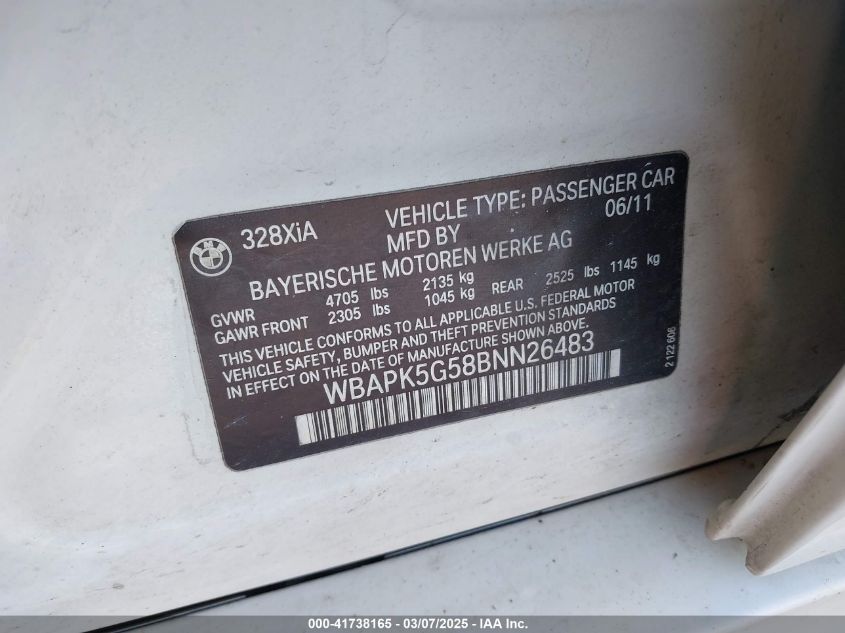 2011 BMW 328I xDrive VIN: WBAPK5G58BNN26483 Lot: 41738165