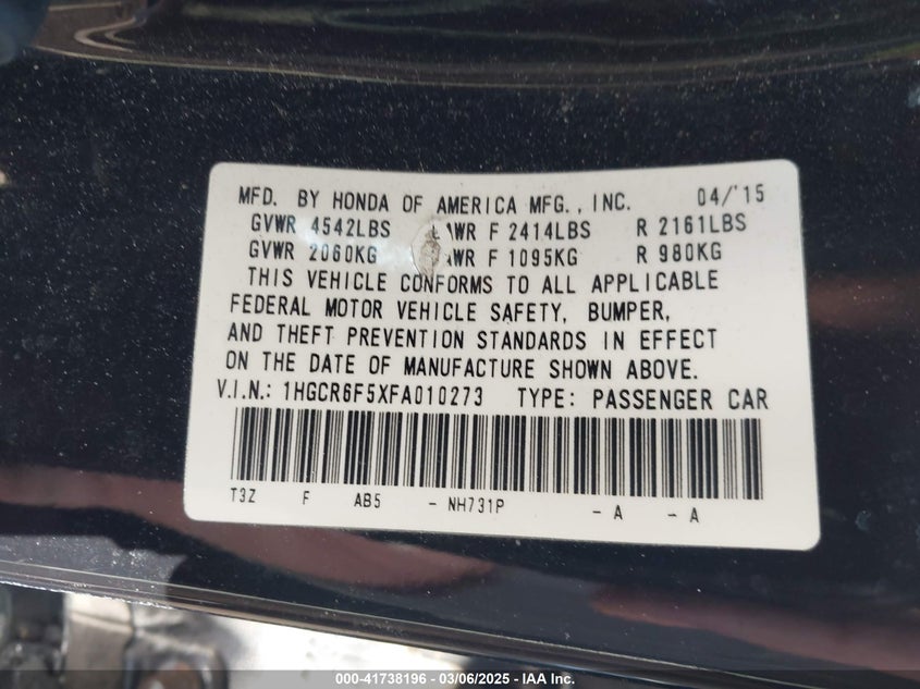 2015 HONDA ACCORD VIN: 1HGCR6F5XFA010273