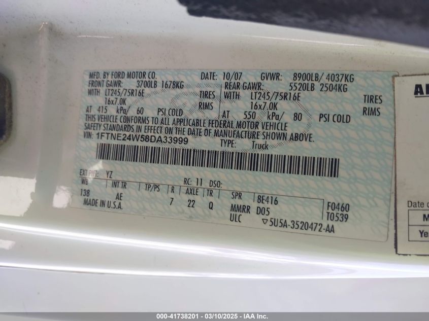 2008 Ford E-250 Commercial/Recreational VIN: 1FTNE24W58DA33999 Lot: 41738201