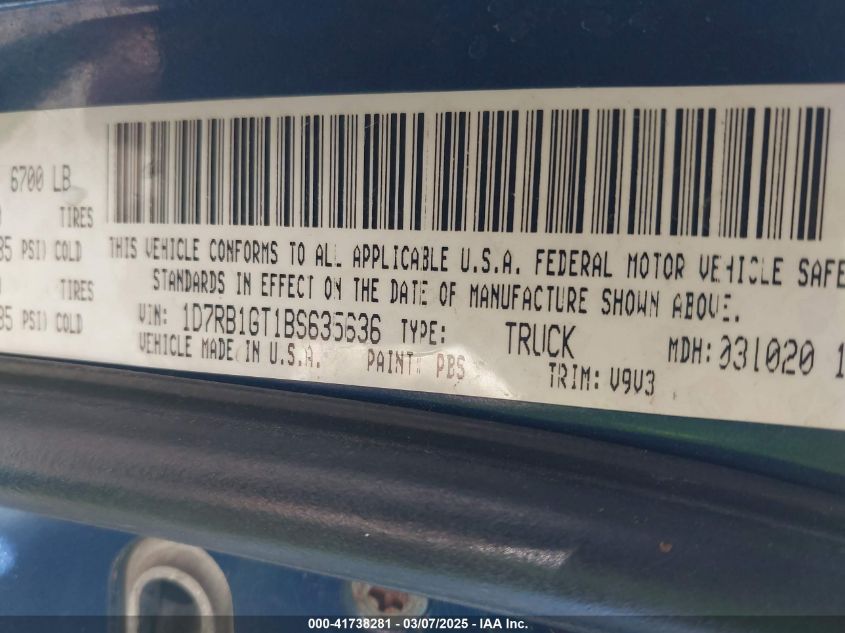 2011 Ram Ram 1500 Slt VIN: 1D7RB1GT1BS635636 Lot: 41738281