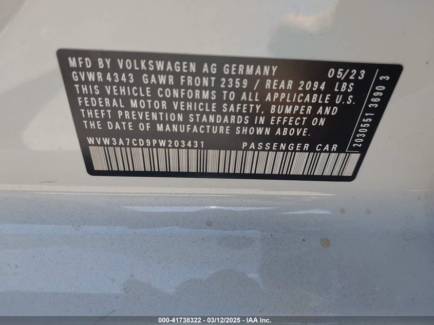 2023 VOLKSWAGEN GOLF GTI VIN: WVW3A7CD9PW203431