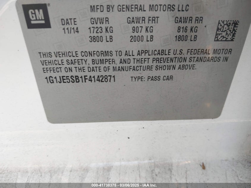 2015 CHEVROLET SONIC VIN: 1G1JE5SB1F4142871