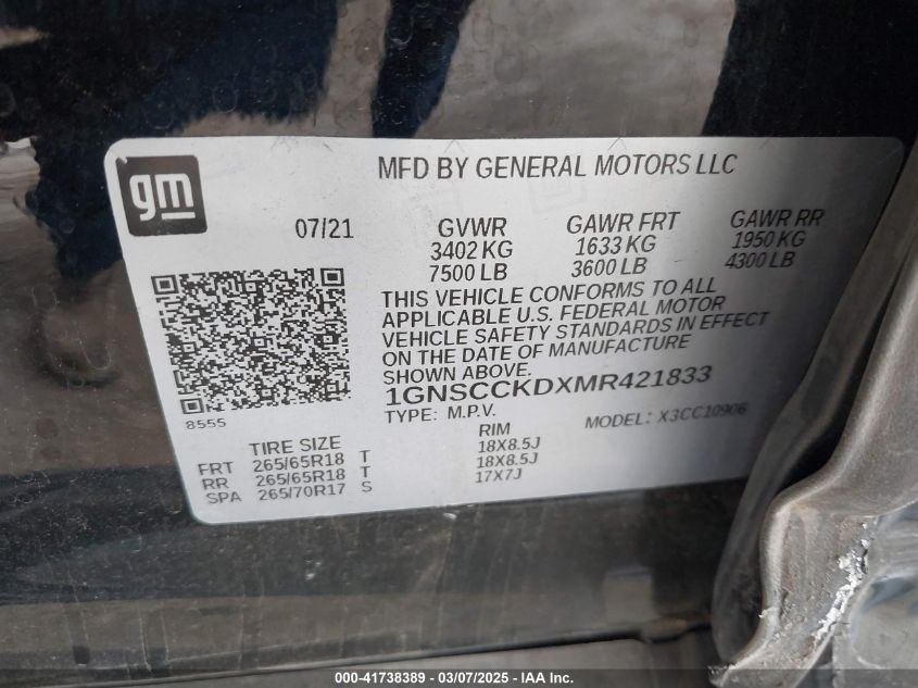 2021 Chevrolet Suburban - 1GNSCCKDXMR421833