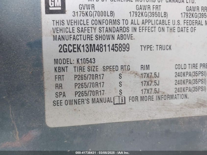 2008 Chevrolet Silverado 1500 Lt1 VIN: 2GCEK13M481145899 Lot: 41738431