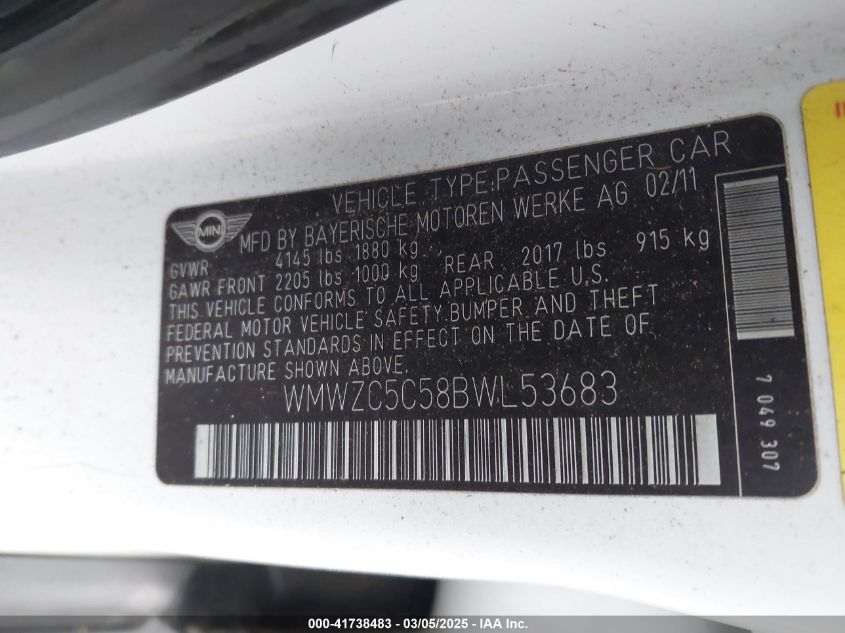 2011 Mini Cooper S Countryman VIN: WMWZC5C58BWL53683 Lot: 41738483