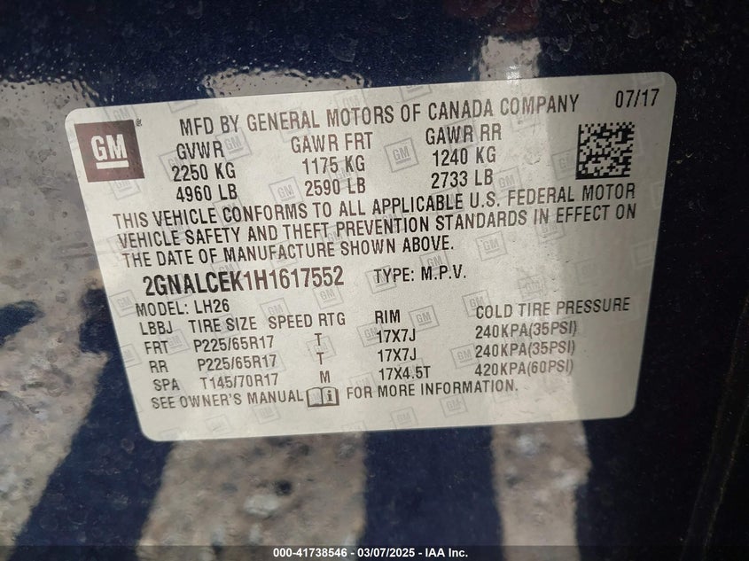 2017 CHEVROLET EQUINOX LT - 2GNALCEK1H1617552