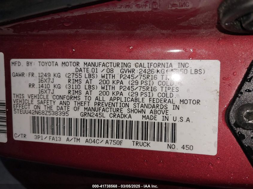 2008 Toyota Tacoma Base V6 VIN: 5TEUU42N68Z538395 Lot: 41738568